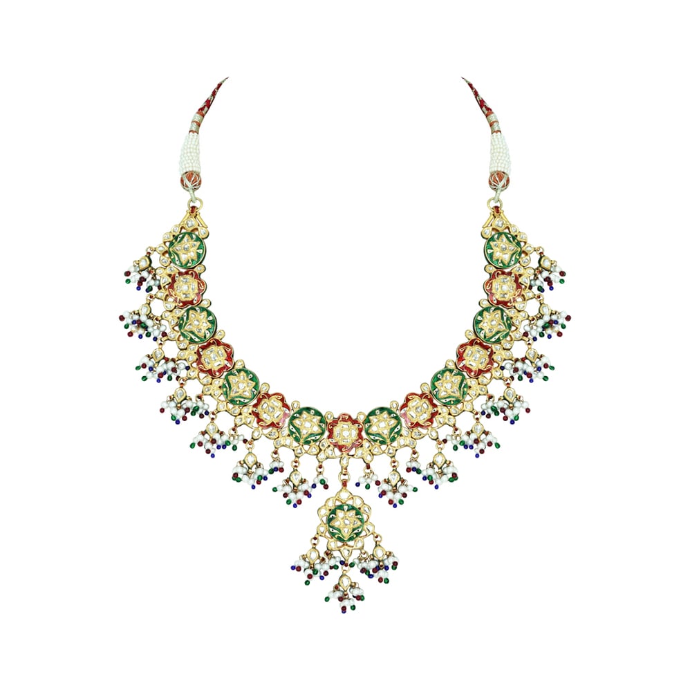 Floral Necklace with Polki, Red-Green Enamel, Pearls, and Beads